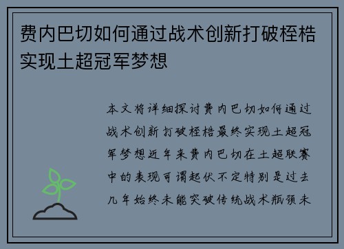 费内巴切如何通过战术创新打破桎梏实现土超冠军梦想